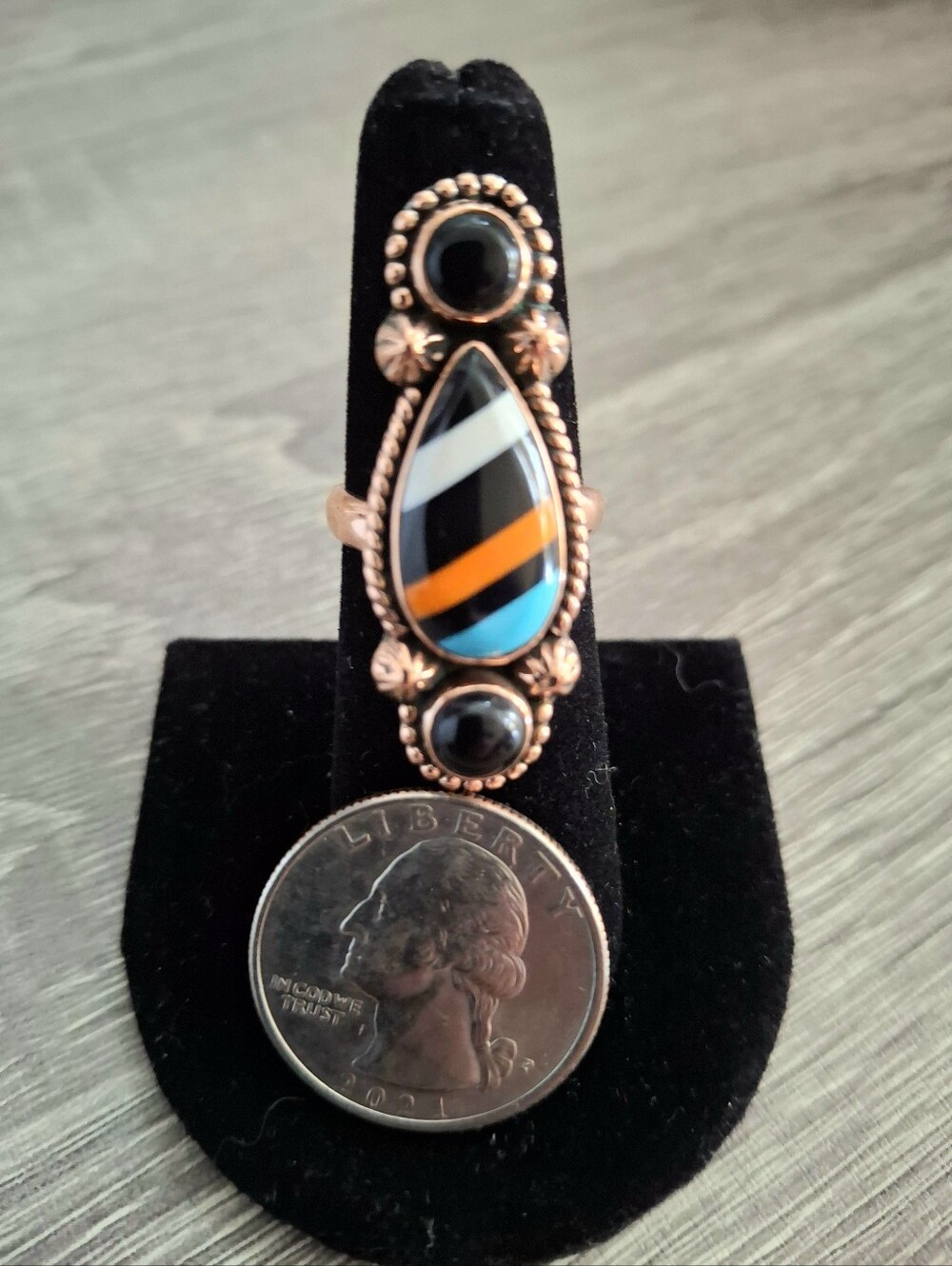 Black Onyx And Inlay Stone Ring On Copper Adjustable Band Sizes 5-6-7-8 - Picture 3 of 5